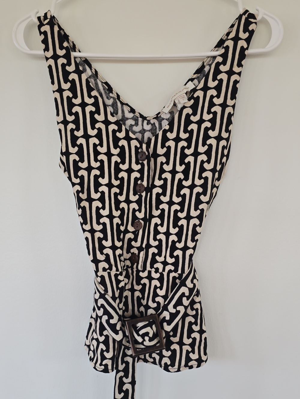 Women's Black and Cream Patterned Button-Front Blouse with Belt